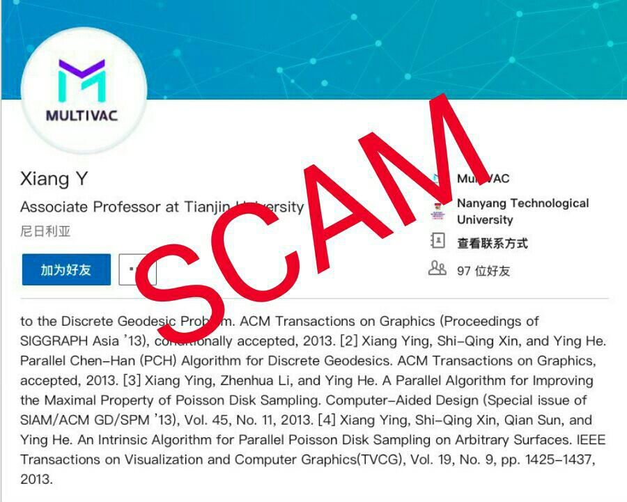 MultiVAC ICO LinkedIn Scam Warning